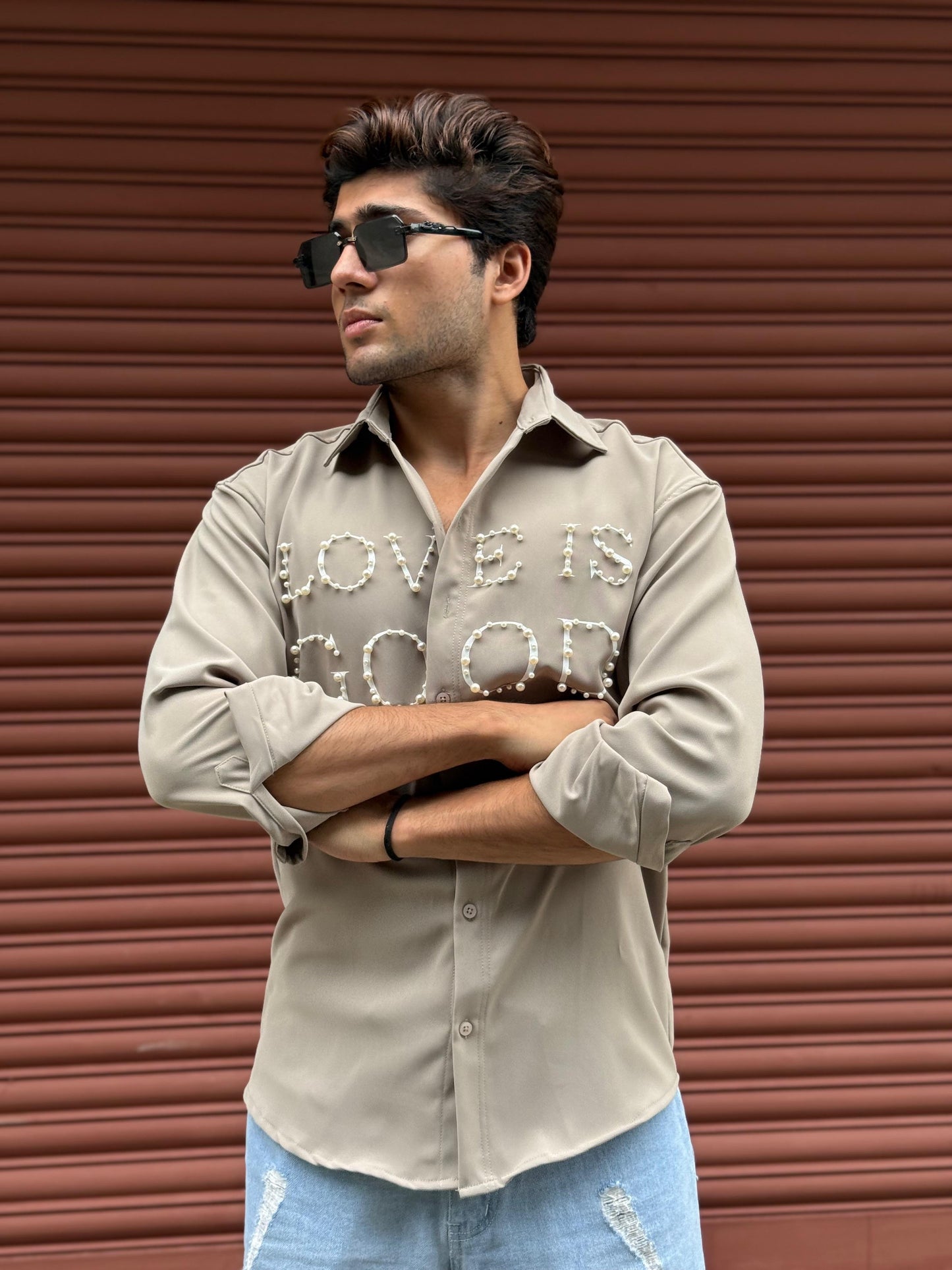 LOVE IS GOOD studded Grey Regular Fit Shirt