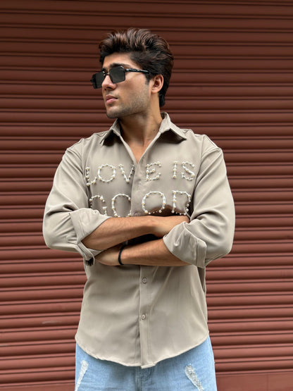 LOVE IS GOOD studded Grey Regular Fit Shirt
