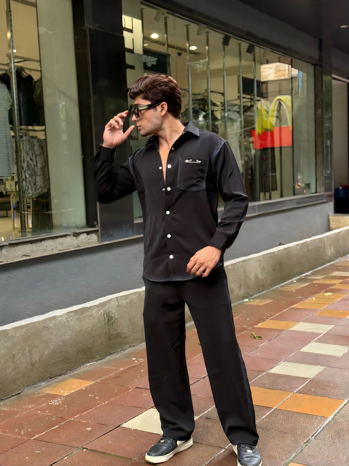 Black Washed Fabric Regular Fit Cord Set (Shirt + Pant)