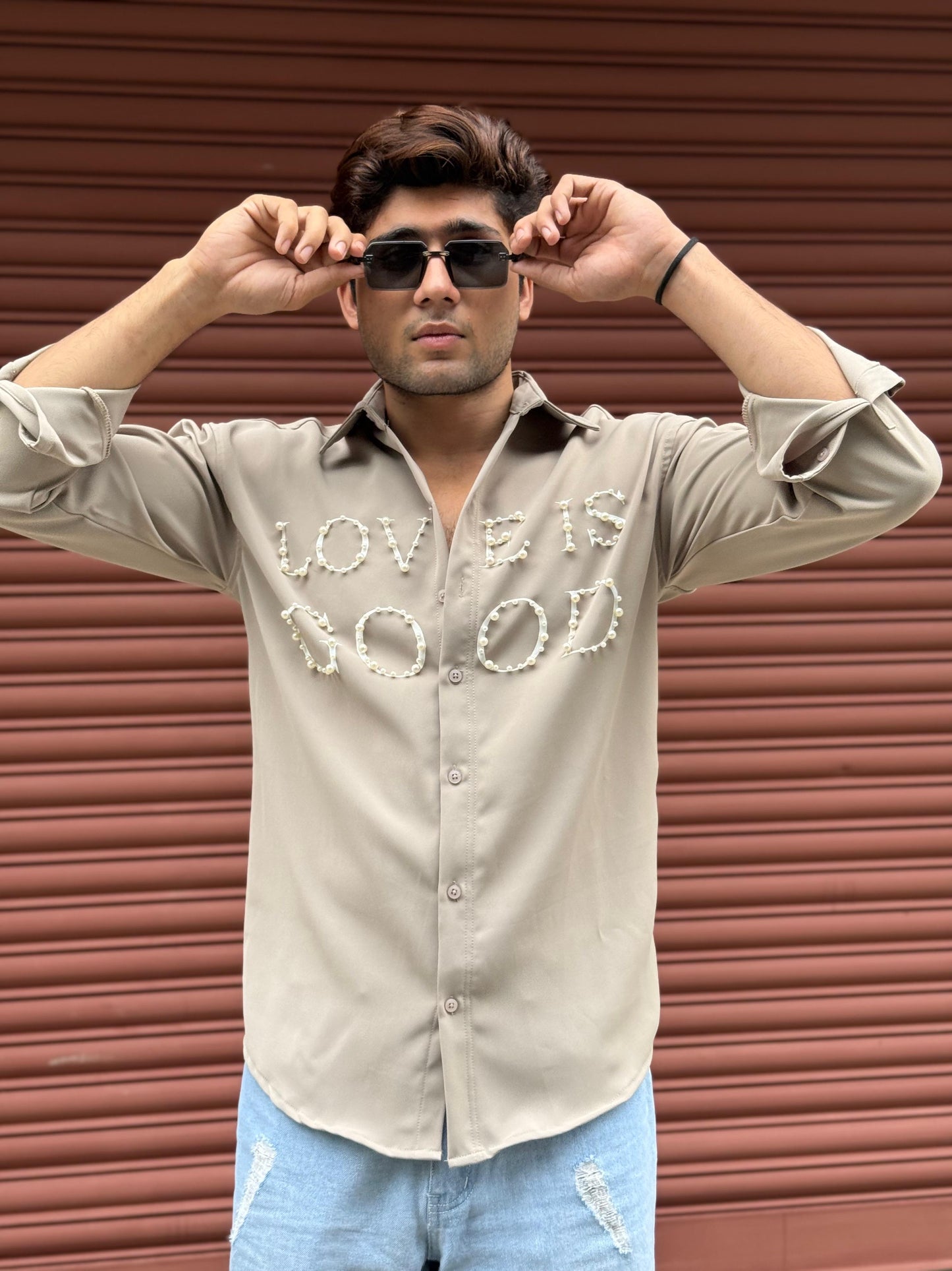 LOVE IS GOOD studded Grey Regular Fit Shirt