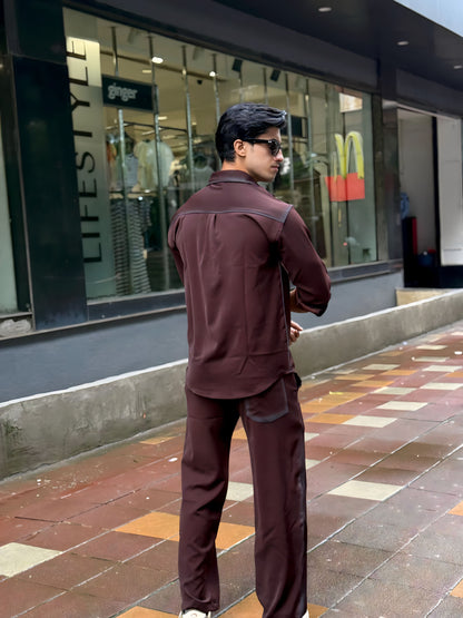 Maroon Washed Fabric Regular Fit Cord Set (Shirt + Pant)