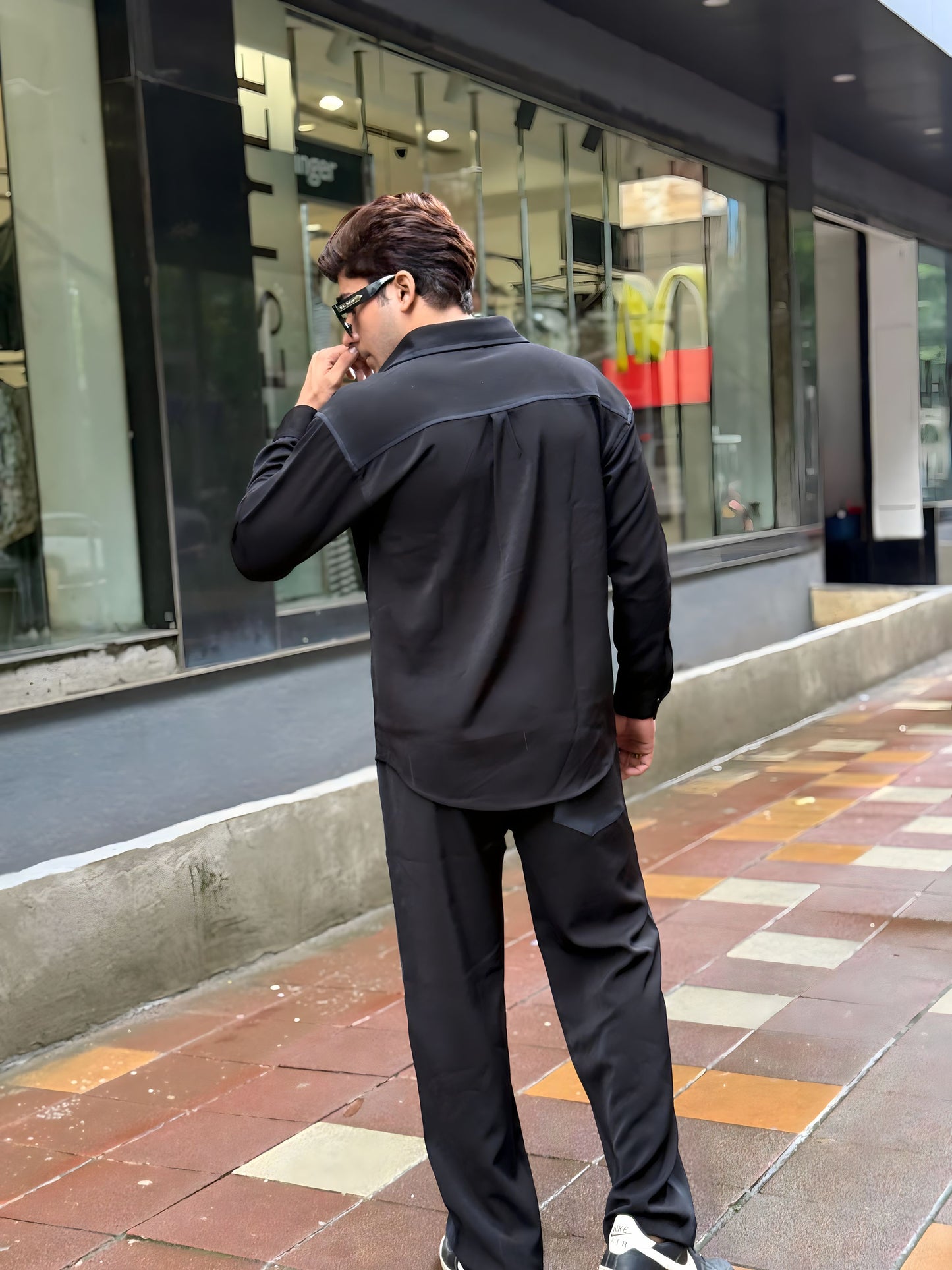 Black Washed Fabric Regular Fit Cord Set (Shirt + Pant)